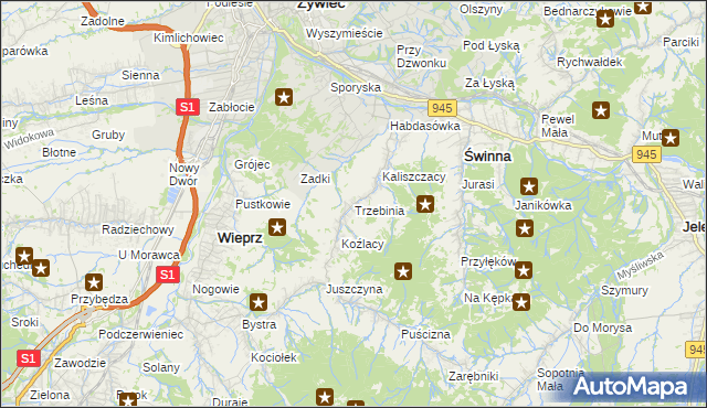 mapa Trzebinia gmina Świnna, Trzebinia gmina Świnna na mapie Targeo