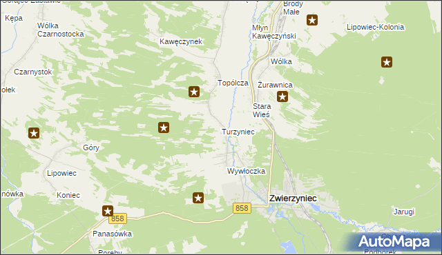 mapa Turzyniec gmina Zwierzyniec, Turzyniec gmina Zwierzyniec na mapie Targeo