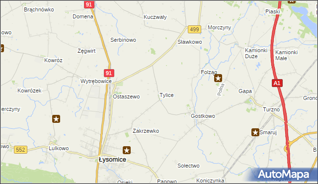 mapa Tylice gmina Łysomice, Tylice gmina Łysomice na mapie Targeo