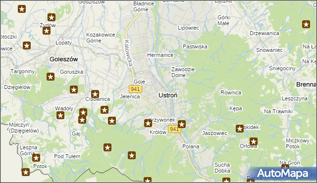 mapa Ustroń powiat cieszyński, Ustroń powiat cieszyński na mapie Targeo