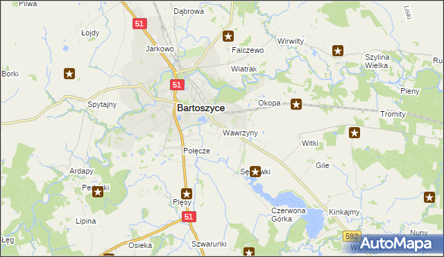 mapa Wawrzyny gmina Bartoszyce, Wawrzyny gmina Bartoszyce na mapie Targeo