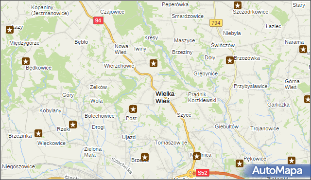 mapa Wielka Wieś powiat krakowski, Wielka Wieś powiat krakowski na mapie Targeo