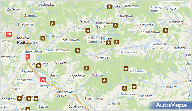 mapa Wieprzec gmina Maków Podhalański, Wieprzec gmina Maków Podhalański na mapie Targeo