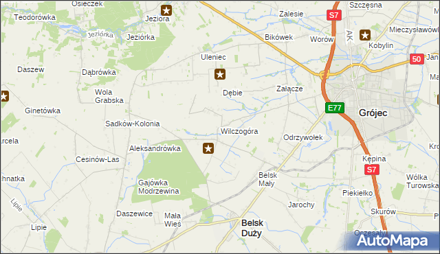 mapa Wilczogóra gmina Belsk Duży, Wilczogóra gmina Belsk Duży na mapie Targeo