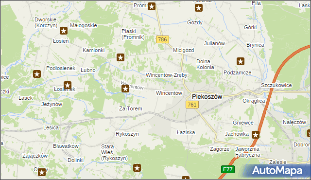 mapa Wincentów gmina Piekoszów, Wincentów gmina Piekoszów na mapie Targeo