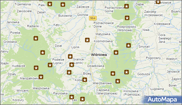 mapa Wiśniowa powiat myślenicki, Wiśniowa powiat myślenicki na mapie Targeo