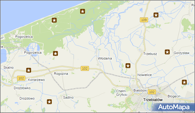 mapa Włodarka gmina Trzebiatów, Włodarka gmina Trzebiatów na mapie Targeo