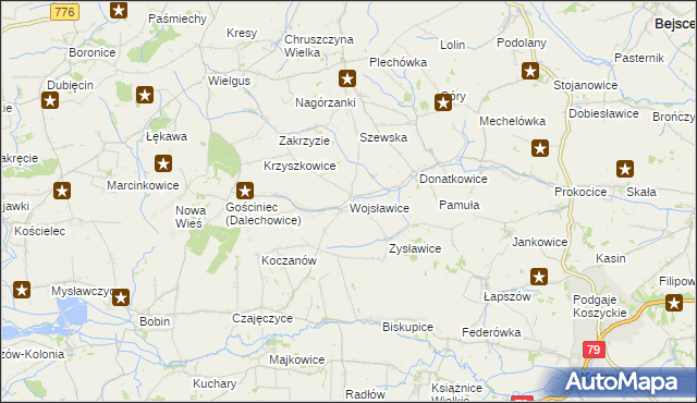 mapa Wojsławice gmina Kazimierza Wielka, Wojsławice gmina Kazimierza Wielka na mapie Targeo