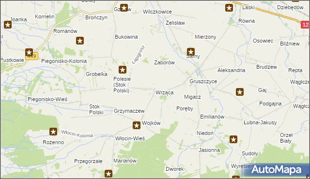 mapa Wrząca gmina Błaszki, Wrząca gmina Błaszki na mapie Targeo