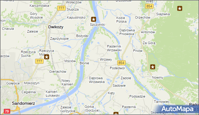 mapa Wrzawy gmina Gorzyce, Wrzawy gmina Gorzyce na mapie Targeo
