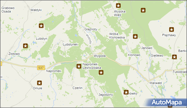 mapa Wygoda gmina Ostróda, Wygoda gmina Ostróda na mapie Targeo