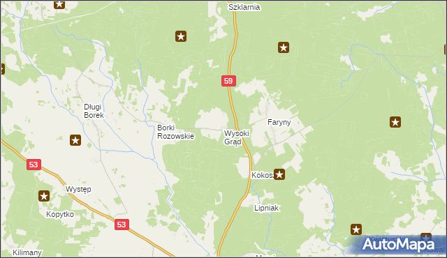 mapa Wysoki Grąd gmina Rozogi, Wysoki Grąd gmina Rozogi na mapie Targeo