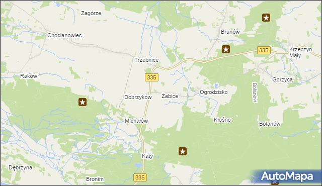 mapa Żabice gmina Chocianów, Żabice gmina Chocianów na mapie Targeo