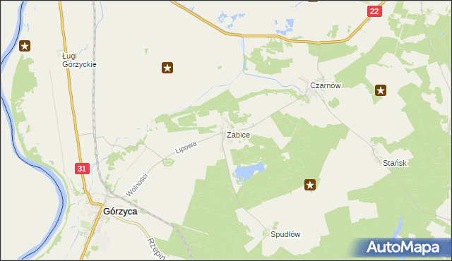 mapa Żabice gmina Górzyca, Żabice gmina Górzyca na mapie Targeo