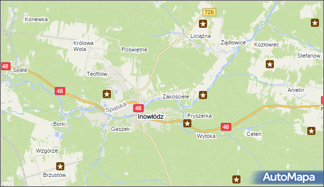 mapa Zakościele gmina Inowłódz, Zakościele gmina Inowłódz na mapie Targeo