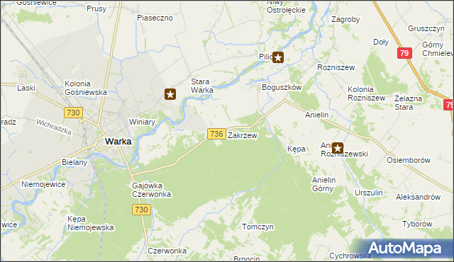 mapa Zakrzew gmina Grabów nad Pilicą, Zakrzew gmina Grabów nad Pilicą na mapie Targeo