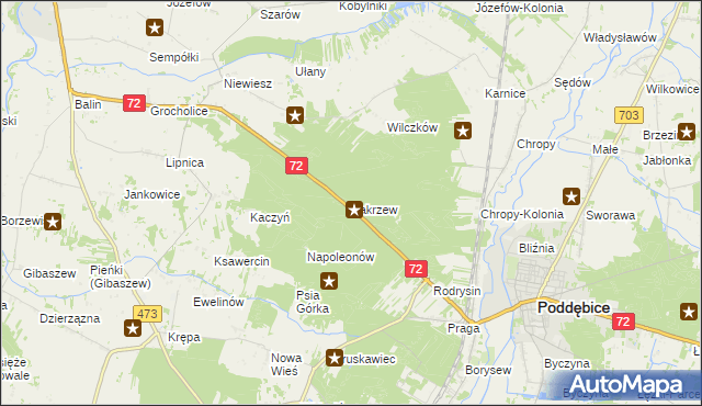 mapa Zakrzew gmina Poddębice, Zakrzew gmina Poddębice na mapie Targeo