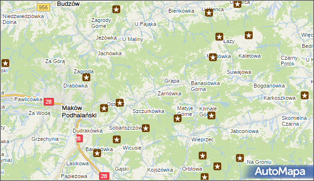 mapa Żarnówka gmina Maków Podhalański, Żarnówka gmina Maków Podhalański na mapie Targeo