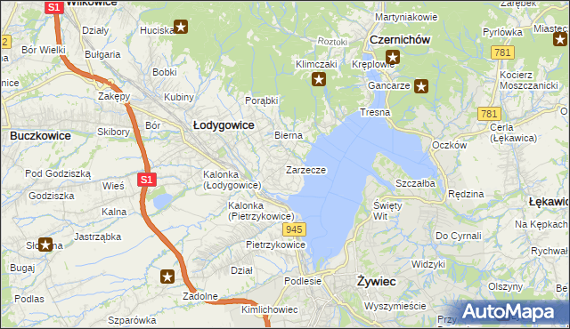 mapa Zarzecze gmina Łodygowice, Zarzecze gmina Łodygowice na mapie Targeo