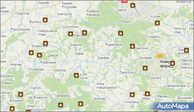 mapa Zawada gmina Bochnia, Zawada gmina Bochnia na mapie Targeo