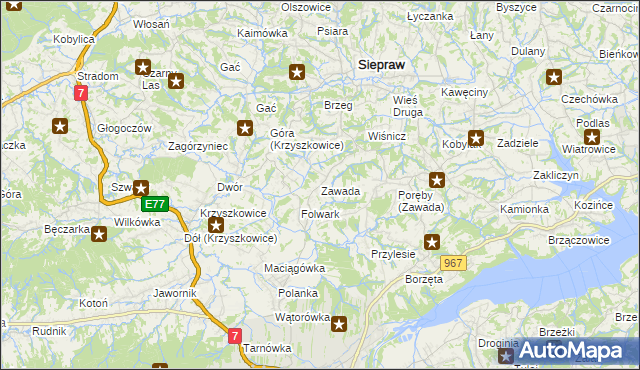 mapa Zawada gmina Myślenice, Zawada gmina Myślenice na mapie Targeo