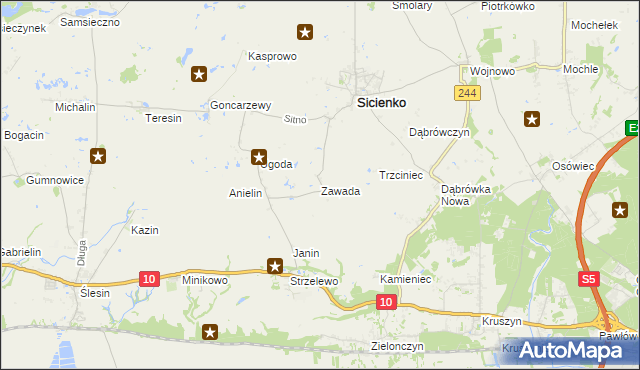 mapa Zawada gmina Sicienko, Zawada gmina Sicienko na mapie Targeo