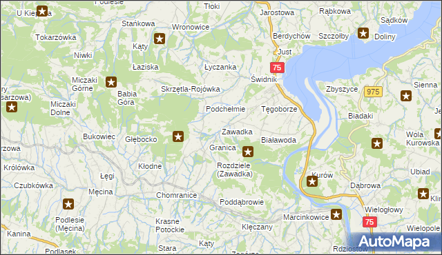 mapa Zawadka gmina Łososina Dolna, Zawadka gmina Łososina Dolna na mapie Targeo