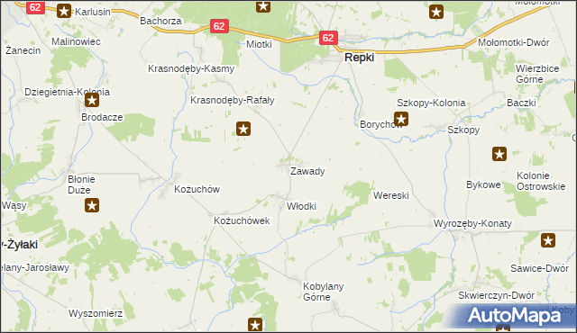 mapa Zawady gmina Repki, Zawady gmina Repki na mapie Targeo
