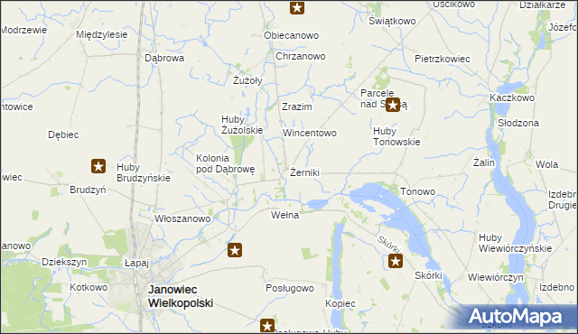 mapa Żerniki gmina Janowiec Wielkopolski, Żerniki gmina Janowiec Wielkopolski na mapie Targeo