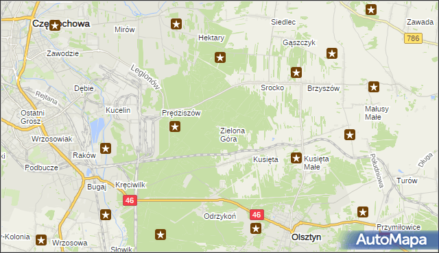 mapa Zielona Góra gmina Olsztyn, Zielona Góra gmina Olsztyn na mapie Targeo