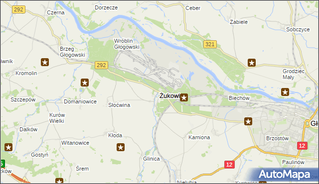 mapa Żukowice powiat głogowski, Żukowice powiat głogowski na mapie Targeo