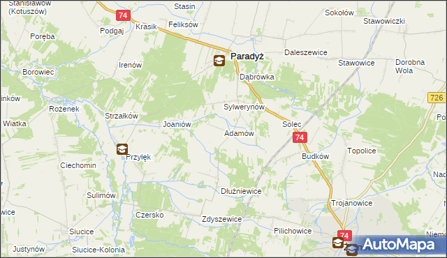 mapa Adamów gmina Paradyż, Adamów gmina Paradyż na mapie Targeo