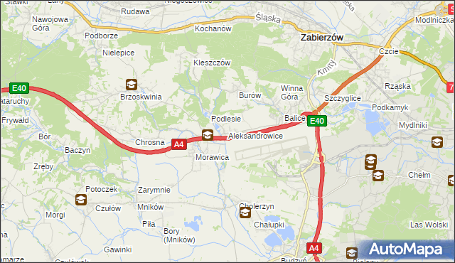 mapa Aleksandrowice gmina Zabierzów, Aleksandrowice gmina Zabierzów na mapie Targeo