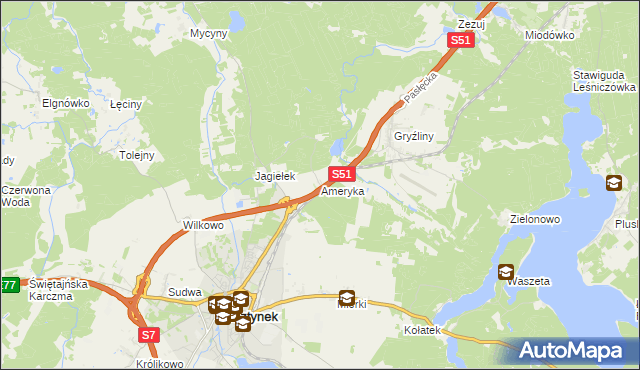 mapa Ameryka gmina Olsztynek, Ameryka gmina Olsztynek na mapie Targeo