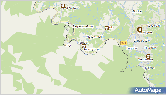 mapa Andrzejówka gmina Muszyna, Andrzejówka gmina Muszyna na mapie Targeo