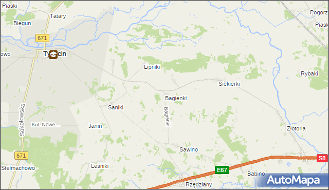 mapa Bagienki gmina Tykocin, Bagienki gmina Tykocin na mapie Targeo