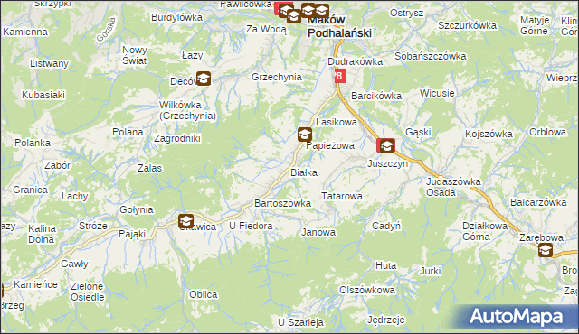 mapa Białka gmina Maków Podhalański, Białka gmina Maków Podhalański na mapie Targeo