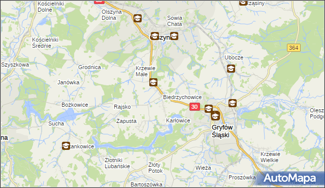 mapa Biedrzychowice gmina Olszyna, Biedrzychowice gmina Olszyna na mapie Targeo