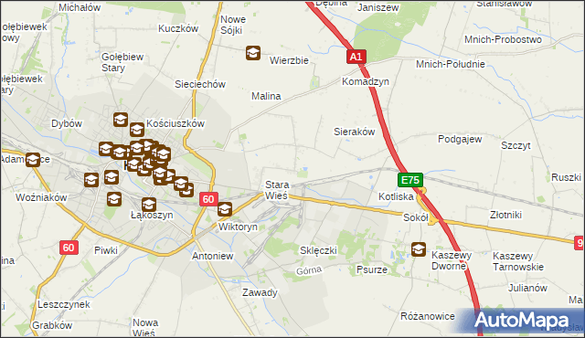 mapa Bielawki gmina Kutno, Bielawki gmina Kutno na mapie Targeo