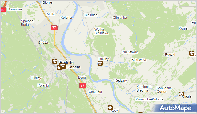 mapa Bieliny gmina Ulanów, Bieliny gmina Ulanów na mapie Targeo