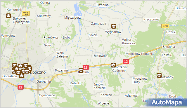 mapa Bielowice gmina Opoczno, Bielowice gmina Opoczno na mapie Targeo