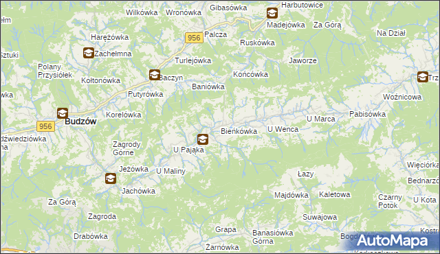 mapa Bieńkówka gmina Budzów, Bieńkówka gmina Budzów na mapie Targeo