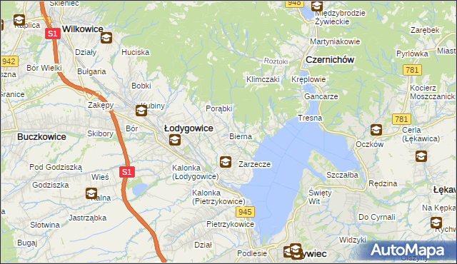 mapa Bierna gmina Łodygowice, Bierna gmina Łodygowice na mapie Targeo