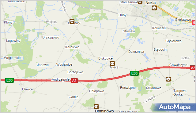 mapa Biskupice gmina Dominowo, Biskupice gmina Dominowo na mapie Targeo