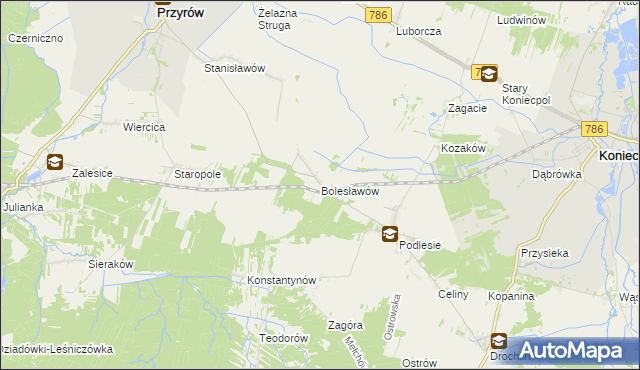 mapa Bolesławów gmina Przyrów, Bolesławów gmina Przyrów na mapie Targeo
