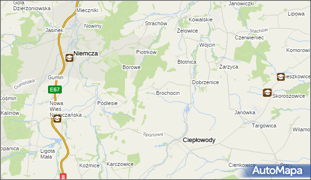 mapa Brochocin gmina Ciepłowody, Brochocin gmina Ciepłowody na mapie Targeo
