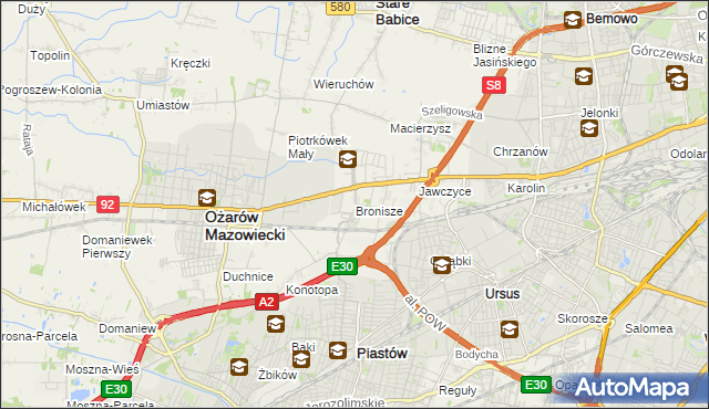 mapa Bronisze gmina Ożarów Mazowiecki, Bronisze gmina Ożarów Mazowiecki na mapie Targeo