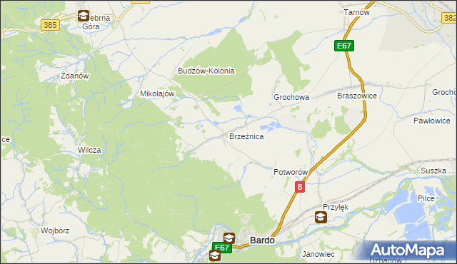 mapa Brzeźnica gmina Bardo, Brzeźnica gmina Bardo na mapie Targeo