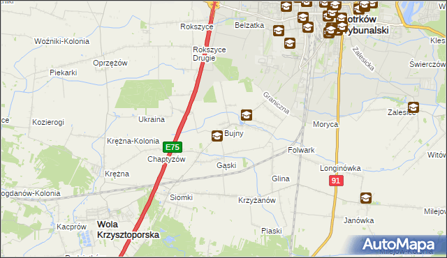 mapa Bujny gmina Wola Krzysztoporska, Bujny gmina Wola Krzysztoporska na mapie Targeo