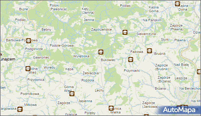 mapa Bukowiec gmina Korzenna, Bukowiec gmina Korzenna na mapie Targeo